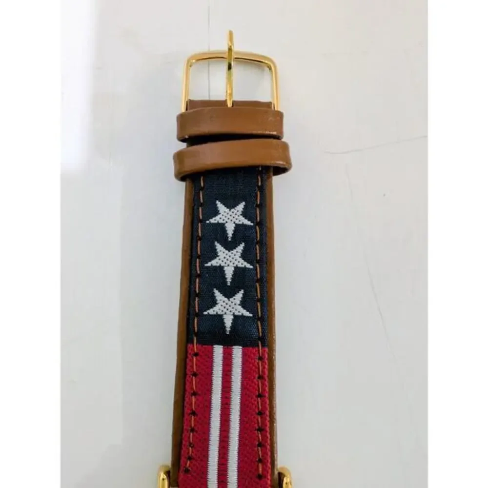 Valdawn American Flag Leather Quartz Watch NWOT Gold Tone Red White Blue Strap‎